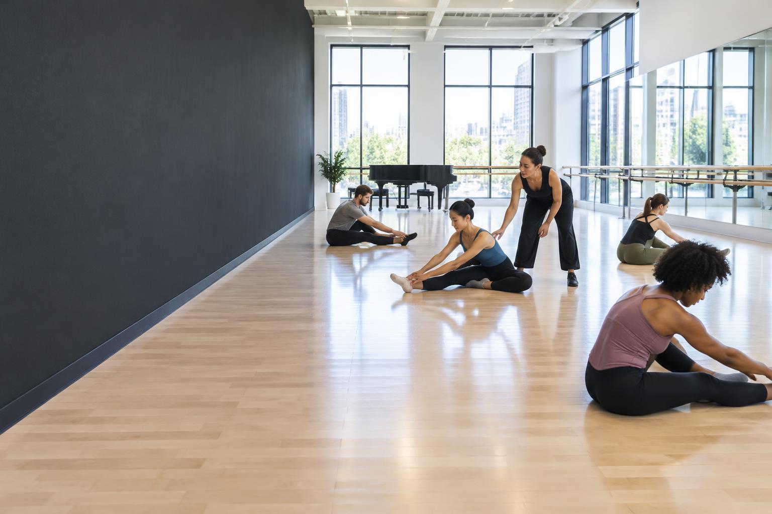 Estúdio com espaço para dança, instrumentos musicais e salas de ensino